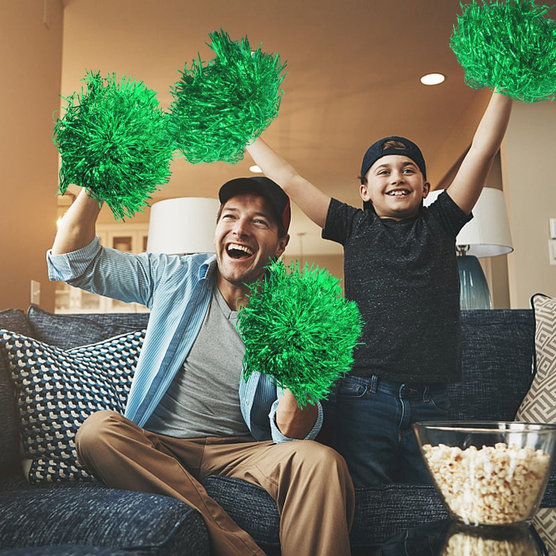 PPXMEEUDC 16PCS Cheerleading Pom Poms Metallic Foil Plastic Pom Poms with Baton Handle for Game Sports Squads Dancing Party Football Basketball Club Spirit Sports Stage Performance Celebration (Green) - Image 4